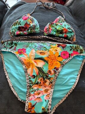 Floral Turquoise Triangle Bikini Set - Women's Swim
